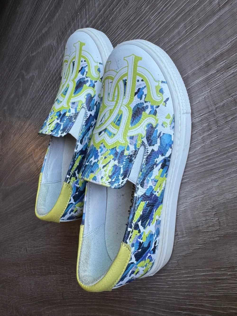 Slip-On Sneakers with Blue, Yellow & White Abstract Print